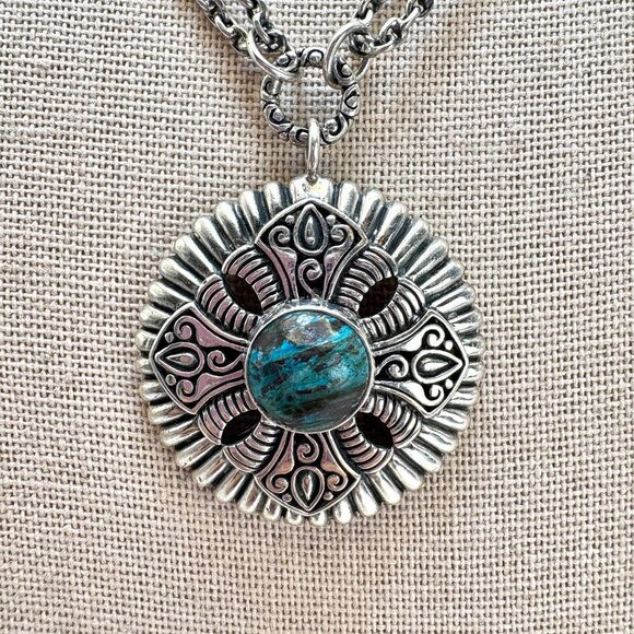Sterling Silver 925 Turquoise Bezel Set Circle Pendant Necklace Size 18" Length - Picture 4 of 12